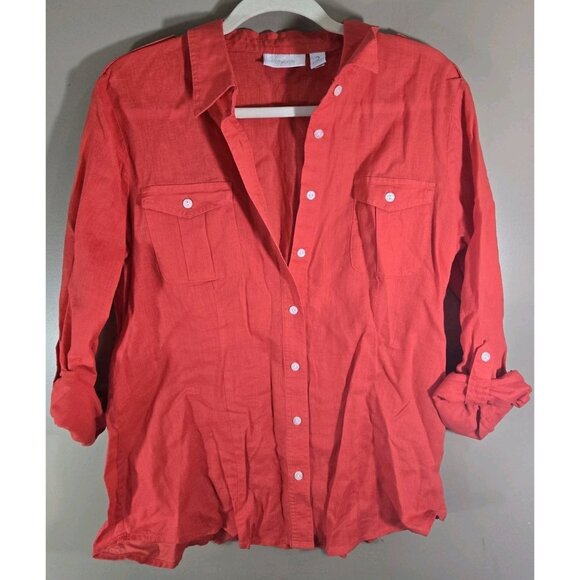 Chico's Tops - Chico's Salmon Linen Blend Tab Sleeve Button Down Sz 2 RN 79984 Comfy Casual